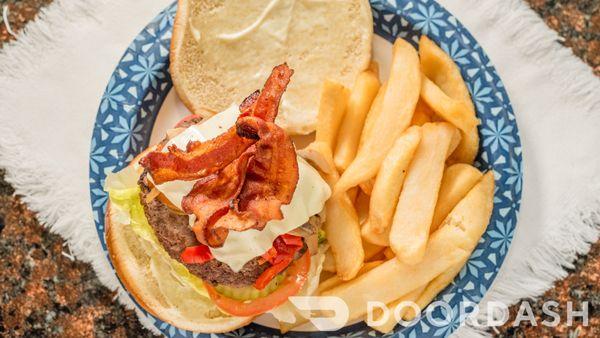 fresh Bacon cheeseburger with steak fries