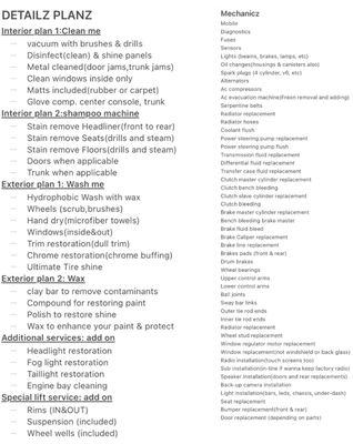 Our plans for detailz and some of the services we do for mechanic work.