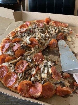 Pepperoni, sausage and mushrooms