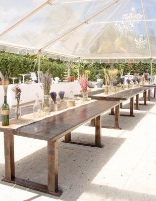 Farm Tables, Clear Tent with Chandeliers