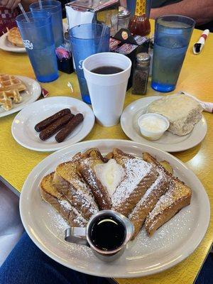 French Toast, Sausage Links, Coffee, and a Biscuit