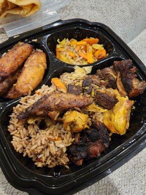 Oxtail and Curry Chicken Combo Rice and Peas Roti Side of Fried Plantains Mineral Water