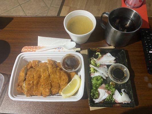 Chicken Katsu and octopus tentacles in vinegar sauce, with miso soup.