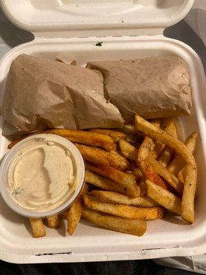 Wrap with fries and seasoned sour cream