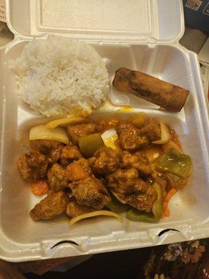 Sweet and sour pork combo plate. It came with broccoli and 2 egg rolls.