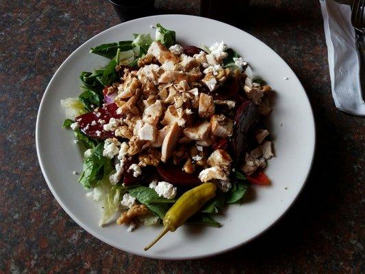 Walnut salad with beets and grilled chicken.  Excellent on a cold day for lunch