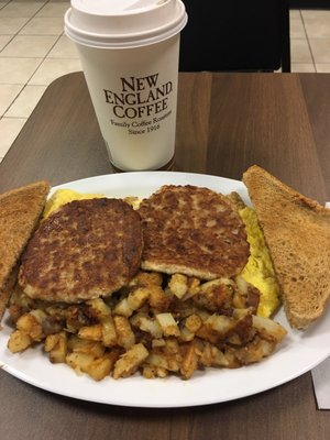 Plenty of food! Homefries are deliciously seasoned and sausage patties are yummy!