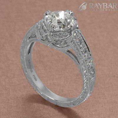 Custom Platinum & 1.85 ct Old European Diamond Antique Style Engagement Ring with Hand-Engraving  **Ring made and photographed by RAYBAR**