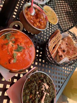 Butter Chicken, Saag Paneer, Chana Masala, Garlic Naan