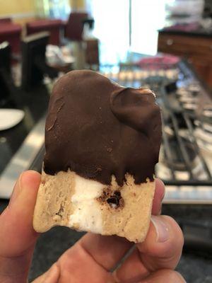 Chocolate chip cookie dough ice cream sandwich dipped in dark chocolate!