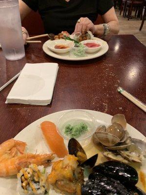 Clams, shrimp, sushi, sashimi