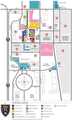 Parking map for Real Salt Lake games at Rio Tinto Stadium. For more info, visit https://bit.ly/3fEbXsX.