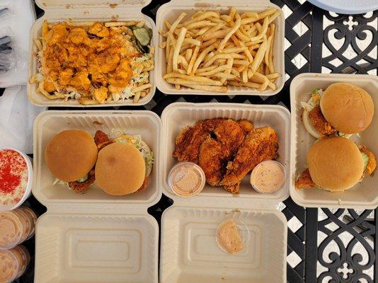 4 sliders (Flamin & Death Row), 5 tenders (Flamin), Flamin Fries (Death Row), Corn elote