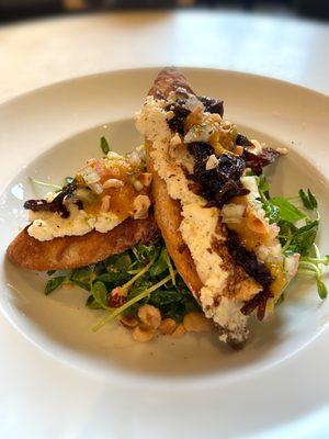 Star of our Meal: Golden Beet Puree Crostini with goat cheese, balsamic glaze, and toasted walnuts over a watercress salad