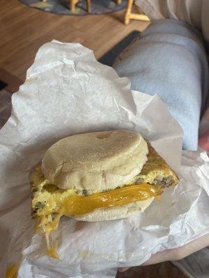 Breakfast sandwich with sausage. This was so extremely delicious I highly recommend it to anyone with tastebuds