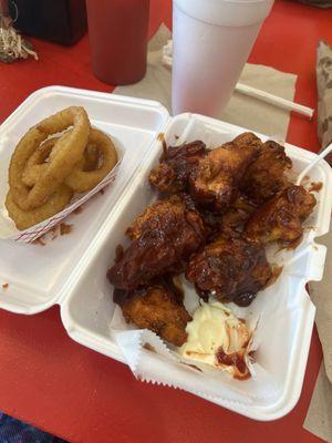 Bbq wings and onion rings.