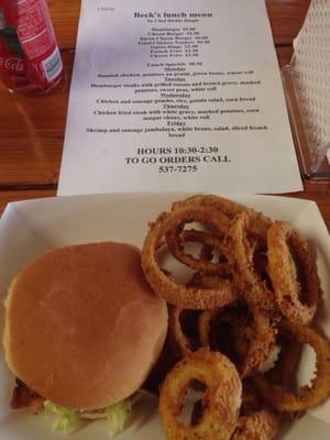 Their bacon cheese burger with onion rings