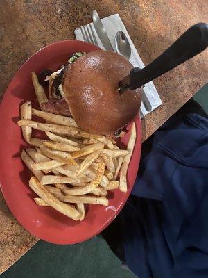 Top view of the other California burger -- two at our table tonight with added grilled onion. The burgers are always tasty.