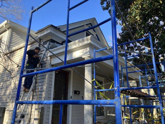 Box gutter rebuild and custom milled crown molding to match existing old style.