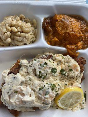 Stuffed Catfish with Macaroni & Cheese and Candied Yams