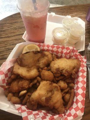 Captains Catch seafood and strawberry Italian soda.