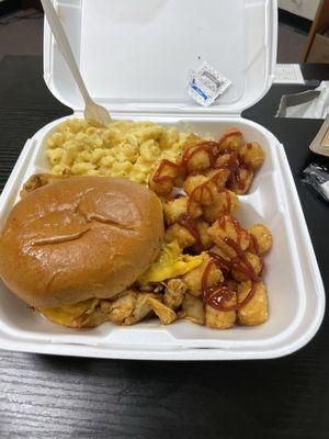 Lunch Entree: 1 meat with two sides. I chose the pulled chicken and added it on a bun with cheddar cheese. (Meal doesn't come as a sandwich)