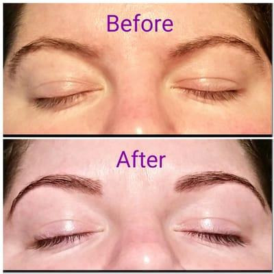 Shows the results of an eyebrow shaping and tinting as well as a lash tint.