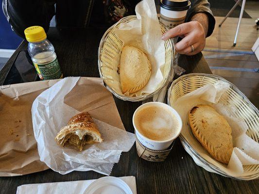 Cheese steak hand pie  Chicken curry hand pie Za'atar croissant  Chai latte 50% expresso 50% steamed milk- my coffee