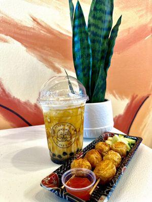 Fresh milk brown sugar boba & fried fish ball