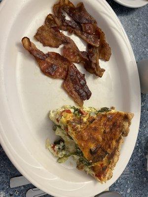 Vegetable quiche with side of bacon