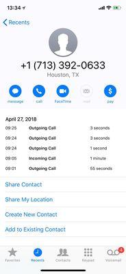 William said he never received my calls. I used my sisters phone to call at 10:00 am. He thought she was a new customer and answered.