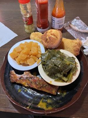 Ribs, catfish, collard greens, rutabaga and cornbread