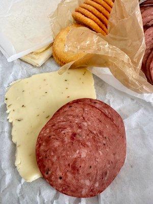 Summer Sausage, pepper jack cheese and ritz crackers