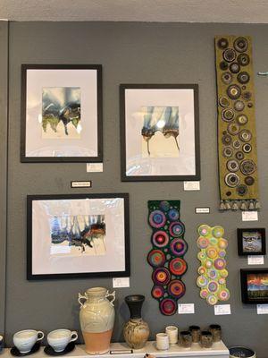 Jim Klingman watercolors; Lisa Arata fiber art; Mike Lemke ceramics