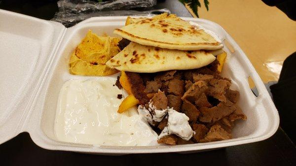 Double dipper gyro plate with hummus, fries, and tzatziki greek yogurt dip