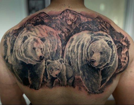 Bear upper backpiece, done in 3 sessions on a client from Wilmington, NC