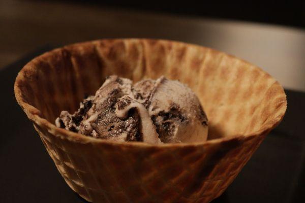 Choose from our 24 different flavors of Villa Dolce gelato!
 
 Pictured is our Cookies n Cream gelato in a waffle cone bowl.