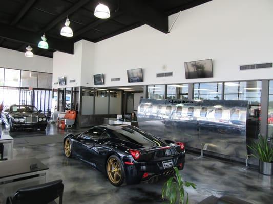 A Ferrari 458 Italia sitting in our showroom. Come See our new facility Expo Motorcars 7620 Bellaire Blvd Houston, TX 77036