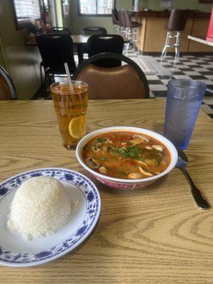 Tom yum king with Chicken, large cup of rice and Thai Unsweetened Iced Tea