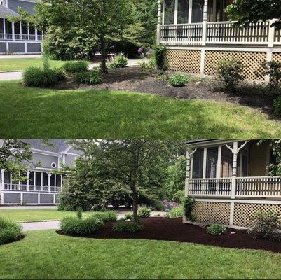 The difference a little cleaning and aged hemlock mulch will make. We offer mulch install and spring cleaning in addition to our pavers