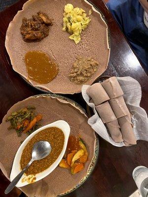 Yemisir Wot main with Specialty Dish Platter Combo (clockwise from top right:  Tikel Gomen, Siga Alicha, Shuro, Doro Wot)