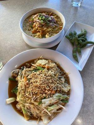 Pad Thai and Curry Noodles with edamame appetizer.