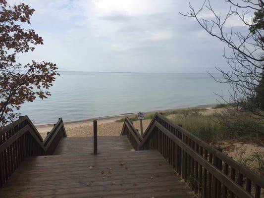 Wood stairs down to the lake.