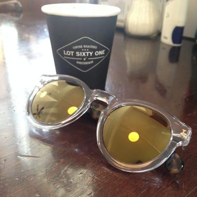 Leonard Clear/Tortoise with Gold Mirror and a shot of espresso. The perfect travel companions in Amsterdam.