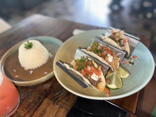 Tres Tacos & rice  (Tinga, Shrimp and Birria taco)