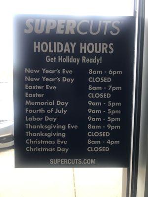 Holiday hours for the year