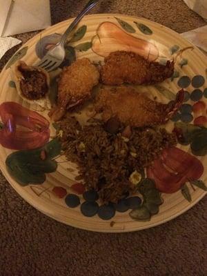 Fried shrimp, pork fried rice and pork dumplings