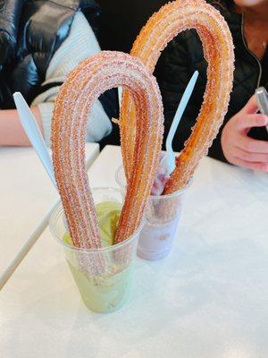 Matcha ice cream churro + taro ice cream churro