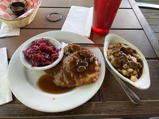 Jaegerschnitzel, Red Cabbage, and Spaetzel with Jaeger sauce.