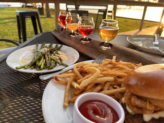 Steakhouse Burger with fries and cheesy asparagus.